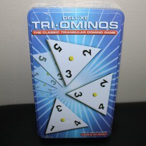 3/$77❤️Deluxe Tri-Ominoes Game in Metal Tin Box Brass Spinners Triangular Tiles